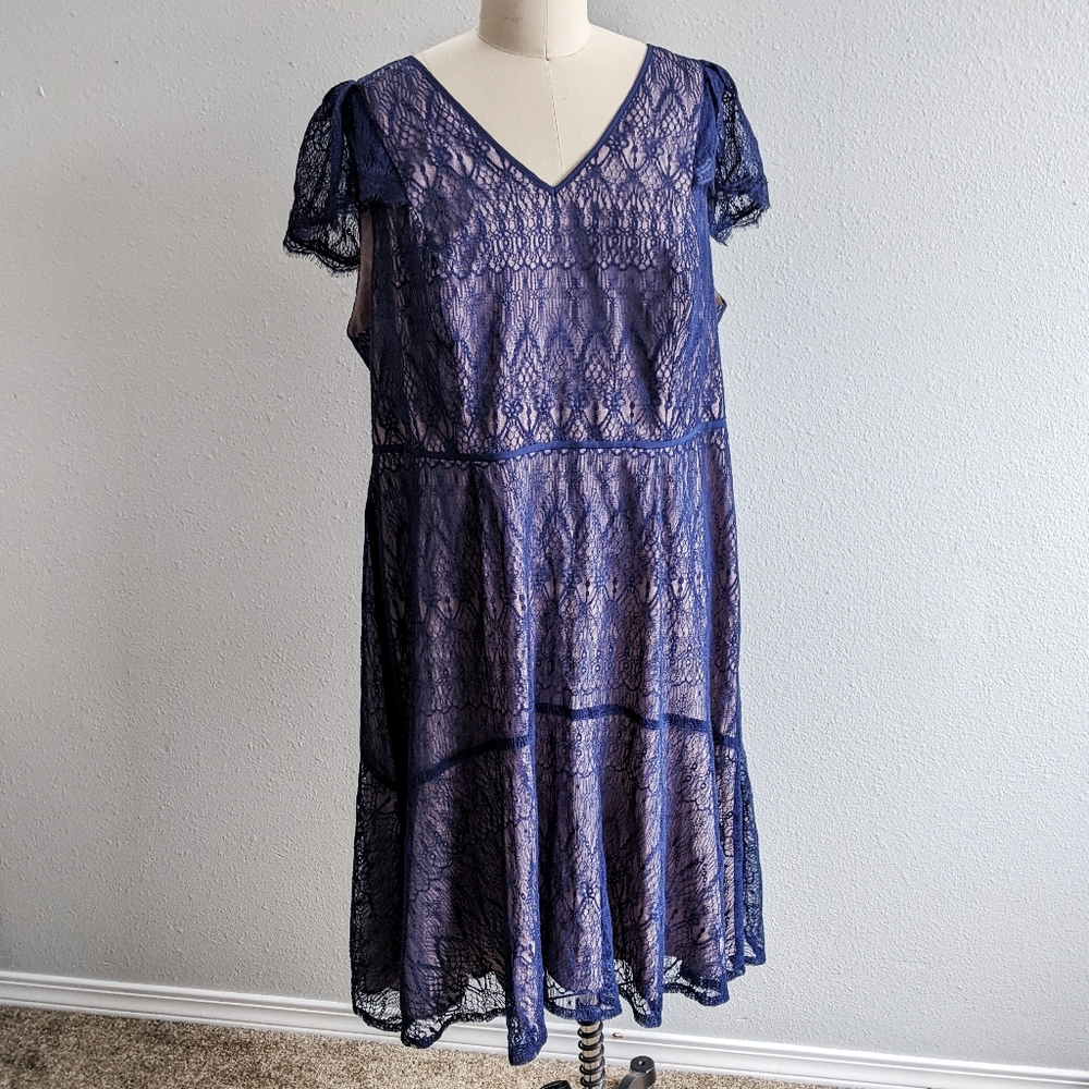 NWT Adrianna Papell Navy Lace Plus-sized Cap-sleeve Cocktail Dress